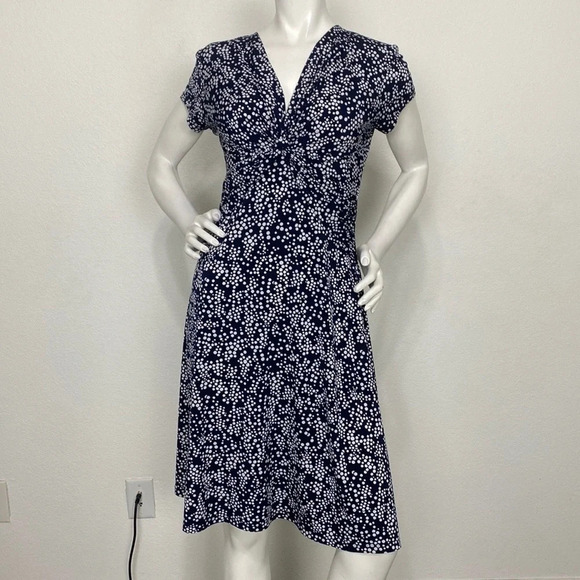 Connected Apparel Navy Blue & White Polka Dot V-Neck Jersey A-Line Dress Size 6 - Picture 1 of 8